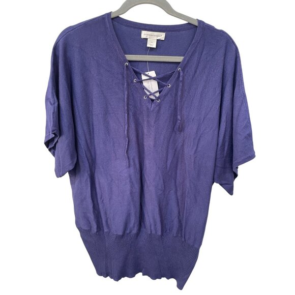 Christopher and Banks Short Sleeve Sweater Women XL Lace Up V Neck Blue Cozy NEW - Picture 1 of 5